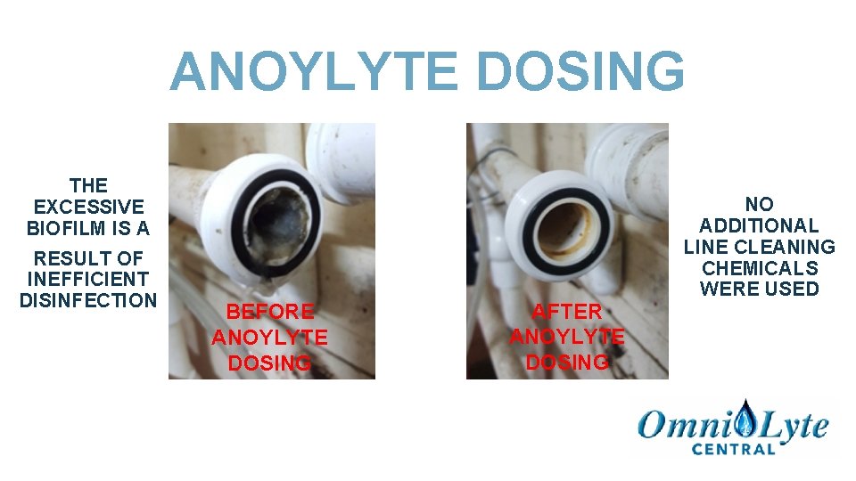 ANOYLYTE DOSING THE EXCESSIVE BIOFILM IS A RESULT OF INEFFICIENT DISINFECTION BEFORE ANOYLYTE DOSING