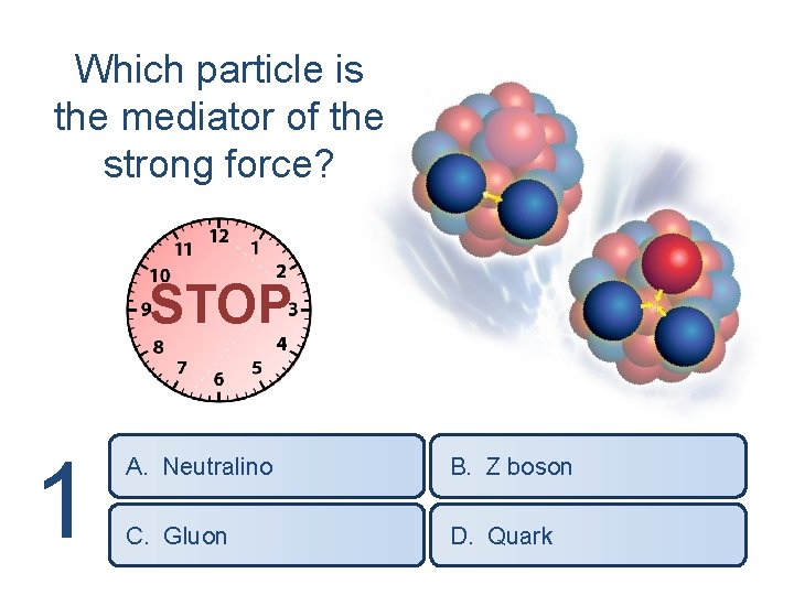 Which particle is the mediator of the strong force? STOP 1 A. Neutralino B.