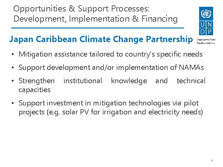 Opportunities & Support Processes: Development, Implementation & Financing Japan Caribbean Climate Change Partnership •