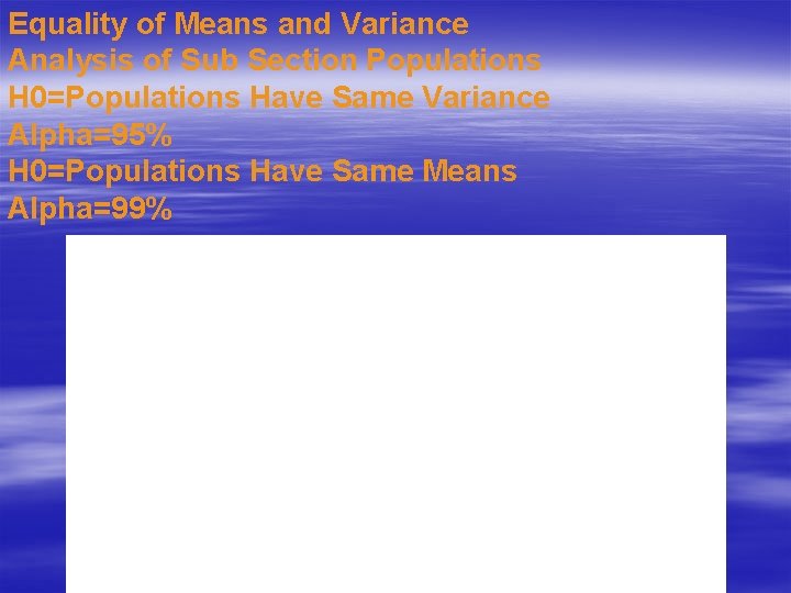 Equality of Means and Variance Analysis of Sub Section Populations H 0=Populations Have Same
