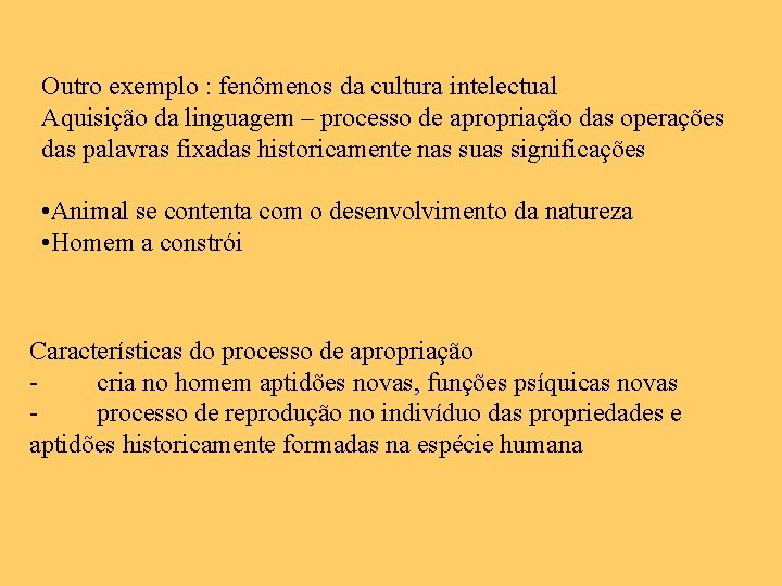 Outro exemplo : fenômenos da cultura intelectual Aquisição da linguagem – processo de apropriação