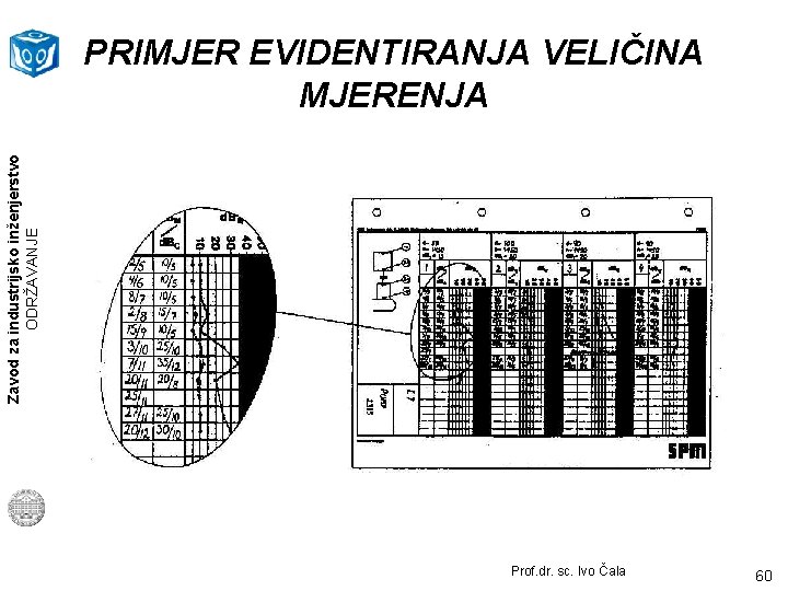 Zavod za industrijsko inženjerstvo ODRŽAVANJE PRIMJER EVIDENTIRANJA VELIČINA MJERENJA Prof. dr. sc. Ivo Čala