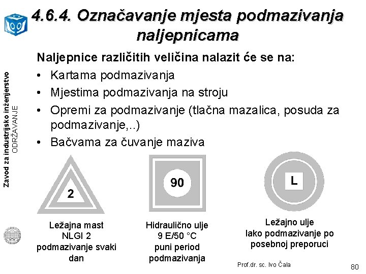 Zavod za industrijsko inženjerstvo ODRŽAVANJE 4. 6. 4. Označavanje mjesta podmazivanja naljepnicama Naljepnice različitih