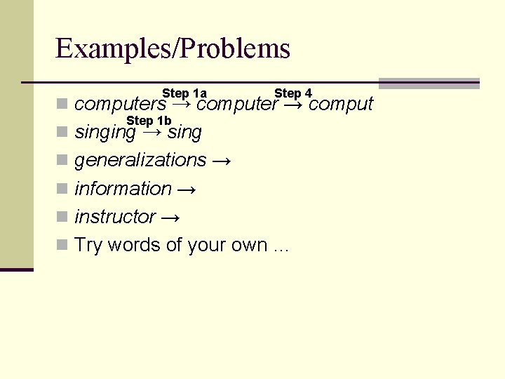 Examples/Problems Step 1 a Step 4 n computers → computer → comput Step 1 Examples/Problems Step 1 a Step 4 n computers → computer → comput Step 1