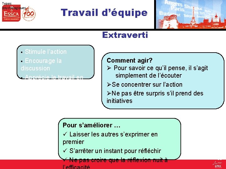 Types psychologiques Travail d’équipe Extraverti § Stimule l’action § Encourage la discussion § Apprécie