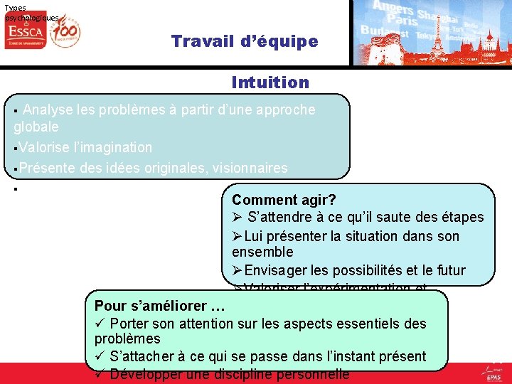 Types psychologiques Travail d’équipe Intuition § Analyse les problèmes à partir d’une approche globale