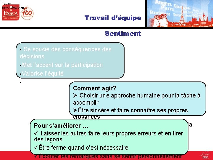 Types psychologiques Travail d’équipe Sentiment § Se soucie des conséquences des décisions §Met l’accent