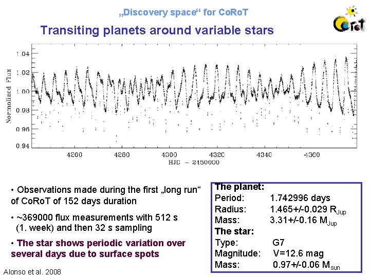 „Discovery space“ for Co. Ro. T Transiting planets around variable stars • Observations made