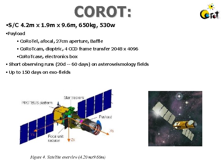 COROT: §S/C 4. 2 m x 1. 9 m x 9. 6 m, 650