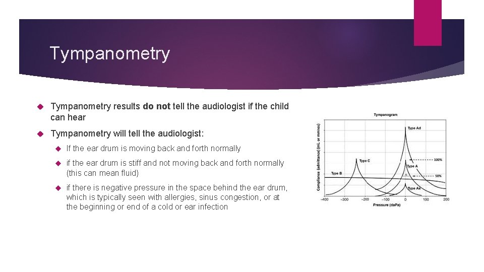Tympanometry results do not tell the audiologist if the child can hear Tympanometry will