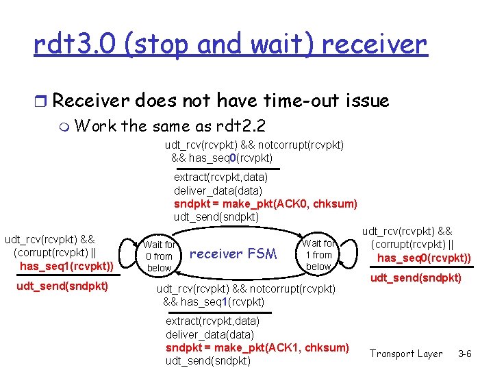 rdt 3. 0 (stop and wait) receiver r Receiver does not have time-out issue