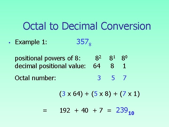 Octal to Decimal Conversion § Example 1: 3578 positional powers of 8: 82 81