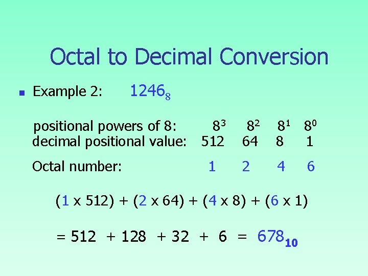 Octal to Decimal Conversion n Example 2: 12468 positional powers of 8: 83 82