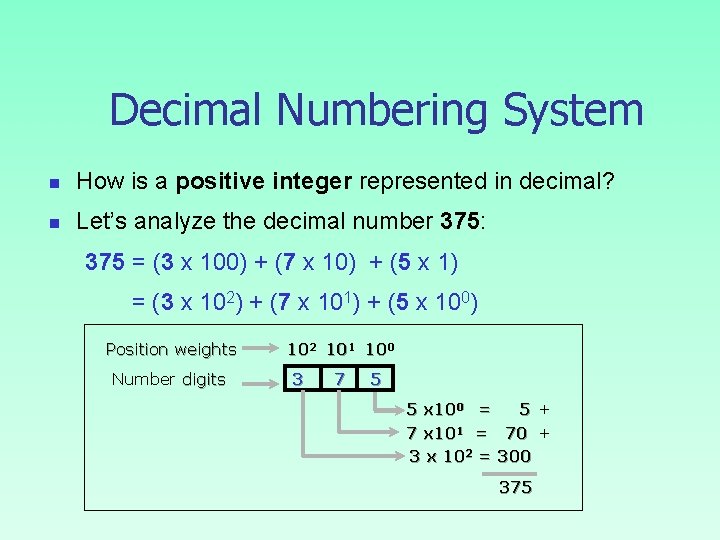 Decimal Numbering System n How is a positive integer represented in decimal? n Let’s