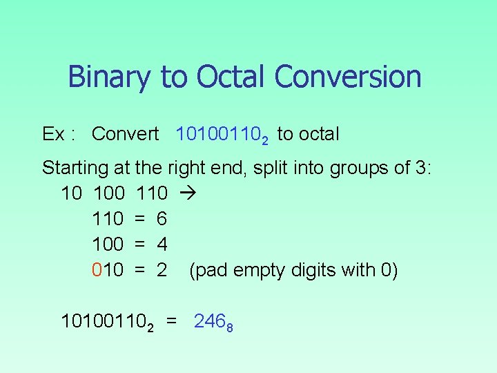 Binary to Octal Conversion Ex : Convert 101001102 to octal Starting at the right