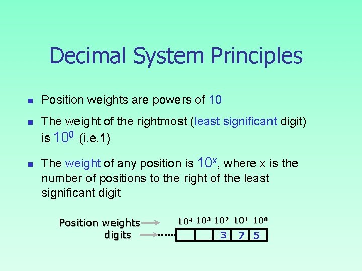 Decimal System Principles n n n Position weights are powers of 10 The weight