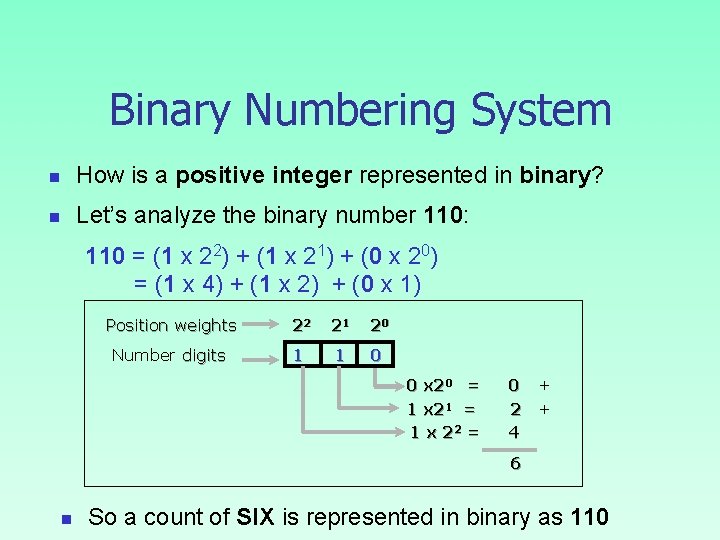 Binary Numbering System n How is a positive integer represented in binary? n Let’s