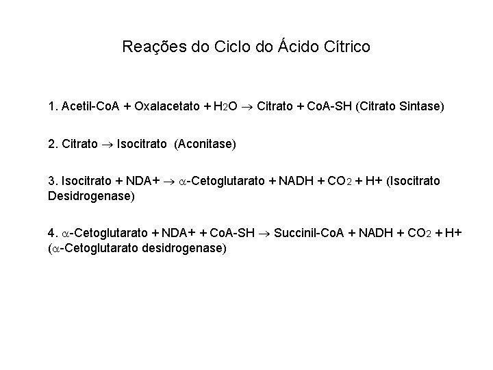 Reações do Ciclo do Ácido Cítrico 1. Acetil-Co. A + Oxalacetato + H 2