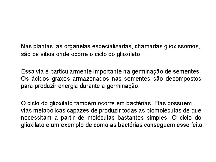 Nas plantas, as organelas especializadas, chamadas glioxissomos, são os sítios onde ocorre o ciclo
