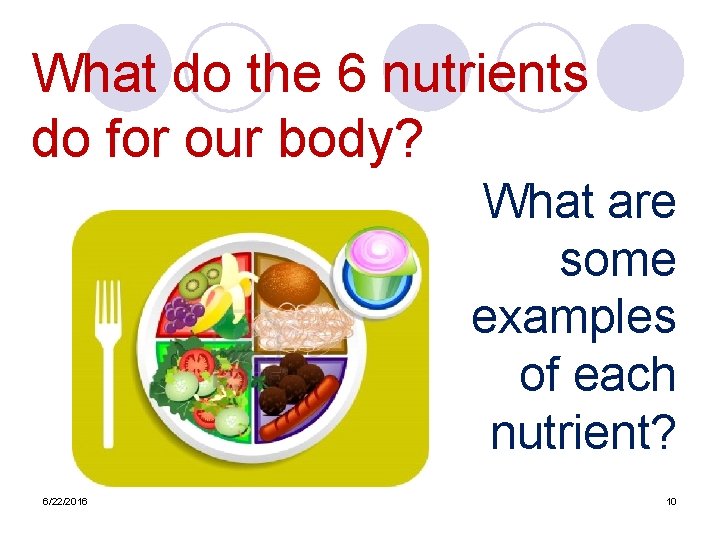 What do the 6 nutrients do for our body? What are some examples of