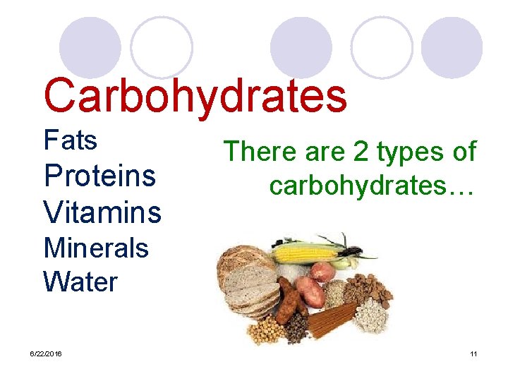 Carbohydrates Fats Proteins Vitamins There are 2 types of carbohydrates… Minerals Water 6/22/2016 11
