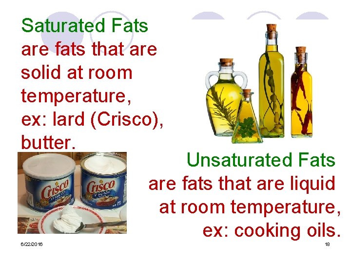 Saturated Fats are fats that are solid at room temperature, ex: lard (Crisco), butter.