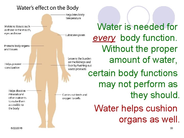 Water is needed for every body function. Without the proper amount of water, certain