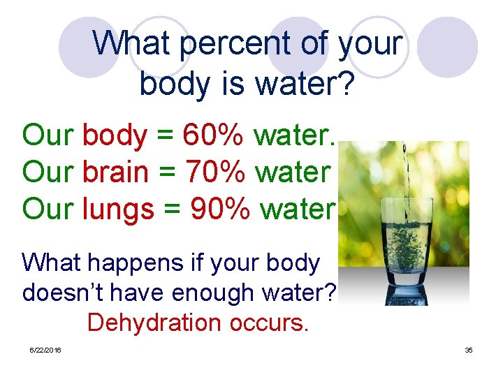 What percent of your body is water? Our body = 60% water. Our brain