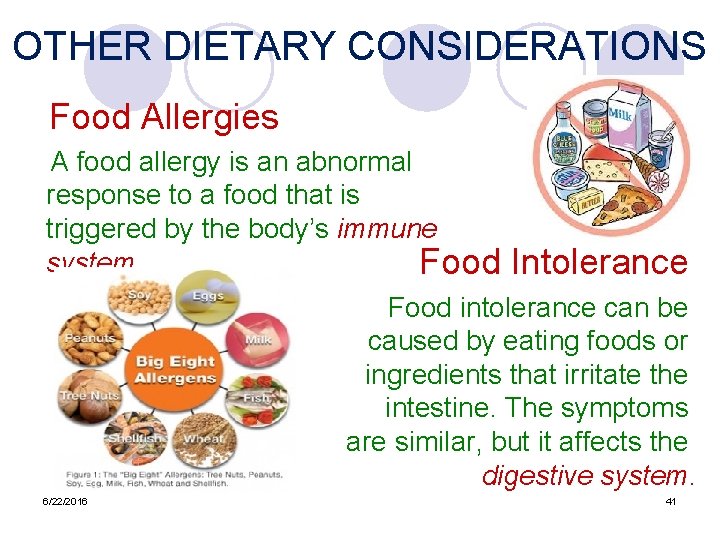 OTHER DIETARY CONSIDERATIONS Food Allergies A food allergy is an abnormal response to a