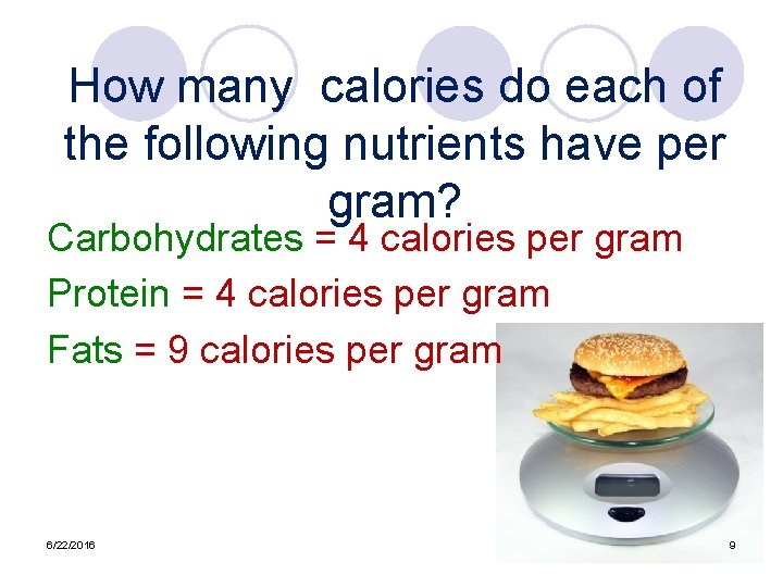 How many calories do each of the following nutrients have per gram? Carbohydrates =