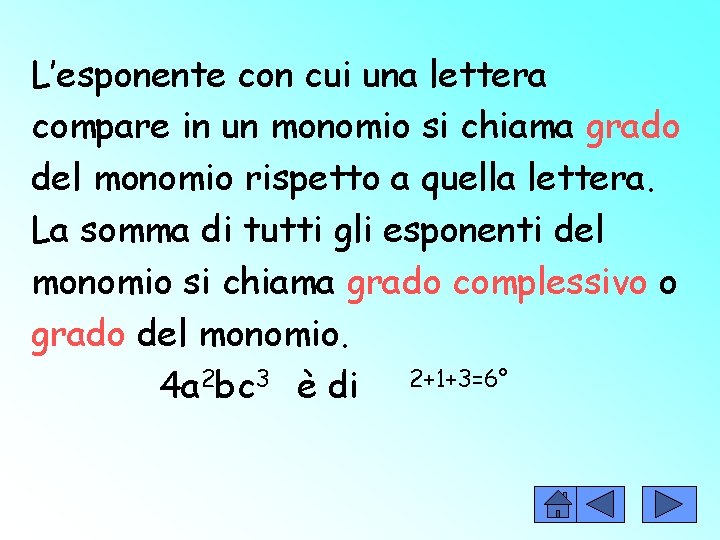L’esponente con cui una lettera compare in un monomio si chiama grado del monomio