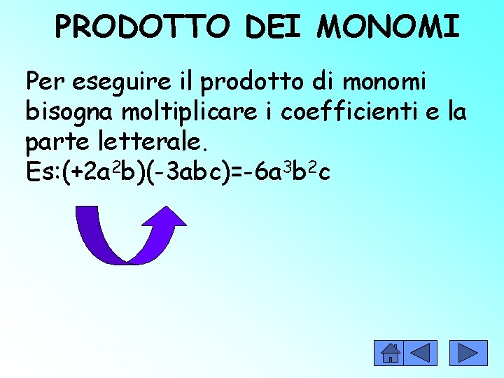 PRODOTTO DEI MONOMI Per eseguire il prodotto di monomi bisogna moltiplicare i coefficienti e