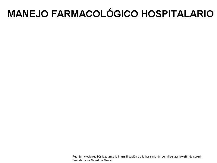 MANEJO FARMACOLÓGICO HOSPITALARIO Fuente: Acciones básicas ante la intensificación de la transmisión de influenza,