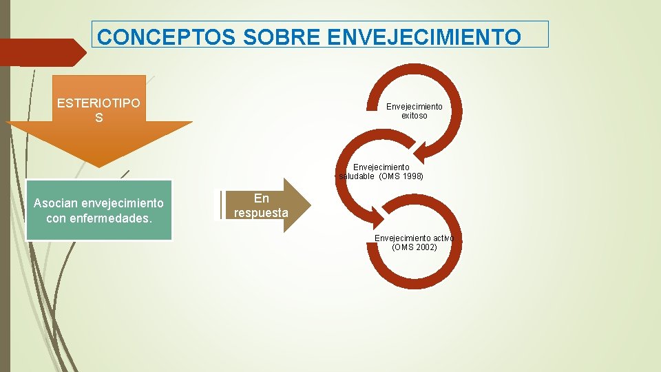 CONCEPTOS SOBRE ENVEJECIMIENTO ESTERIOTIPO S Envejecimiento exitoso Envejecimiento saludable (OMS 1998) Asocian envejecimiento con
