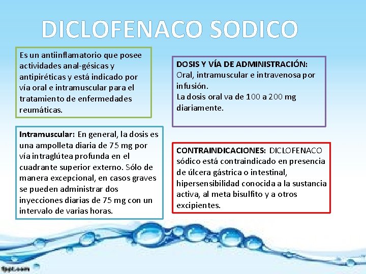 DICLOFENACO SODICO Es un antiinflamatorio que posee actividades anal gésicas y antipiréticas y está