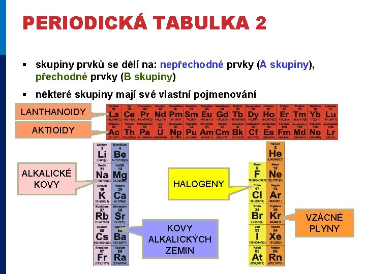 PERIODICKÁ TABULKA 2 § skupiny prvků se dělí na: nepřechodné prvky (A skupiny), přechodné