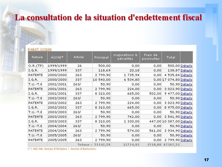 La consultation de la situation d'endettement fiscal 17 La consultation de la situation d'endettement fiscal 17