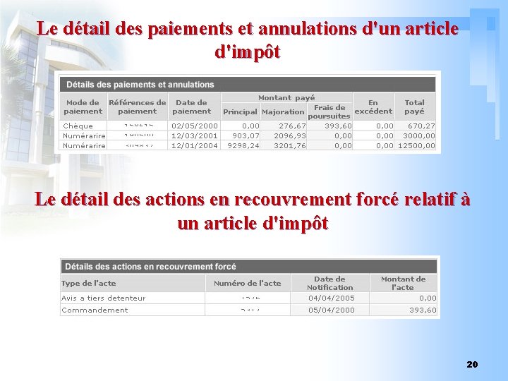 Le détail des paiements et annulations d'un article d'impôt Le détail des actions en