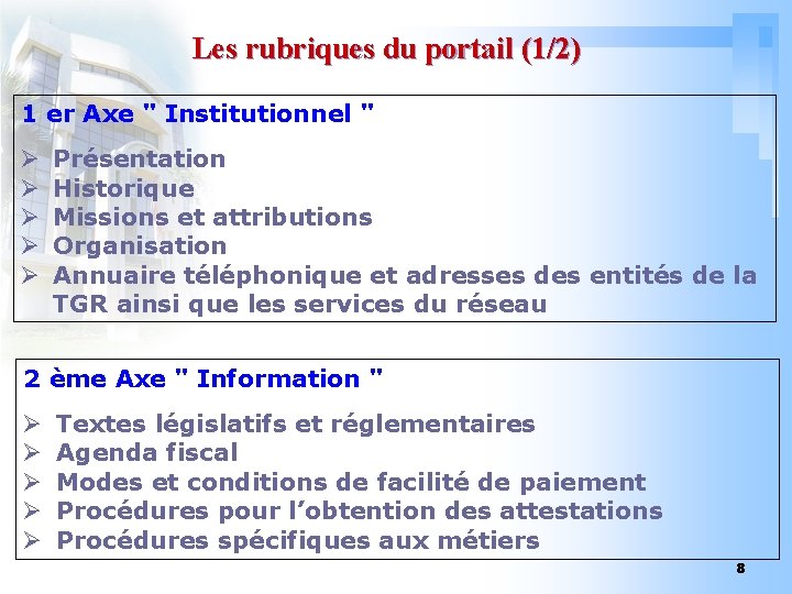 Les rubriques du portail (1/2) 1 er Axe " Institutionnel " Ø Ø Ø