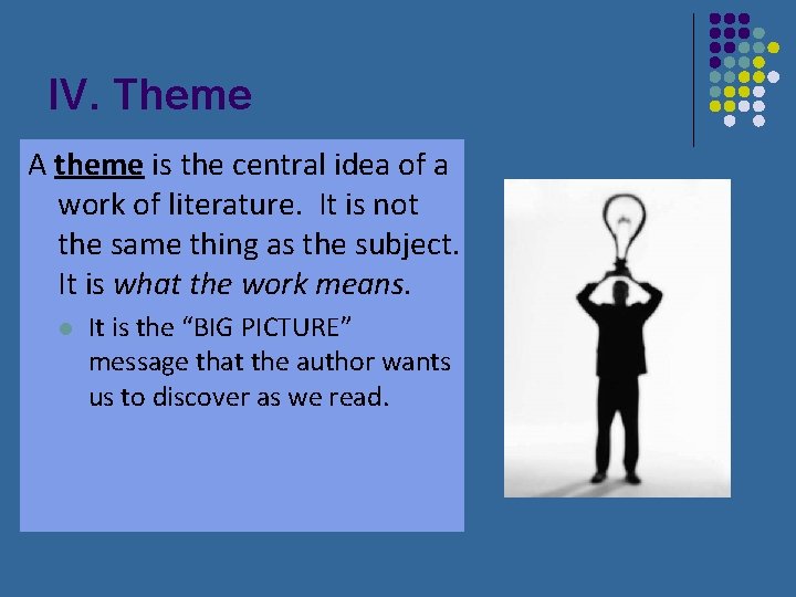 IV. Theme A theme is the central idea of a work of literature. It