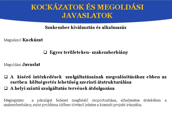 KOCKÁZATOK ÉS MEGOLDÁSI JAVASLATOK Szakember kiválasztás és alkalmazás Megjelenő Kockázat q Egyes területeken- szakemberhiány