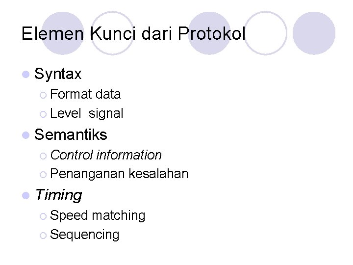 Elemen Kunci dari Protokol l Syntax ¡ Format data ¡ Level signal l Semantiks