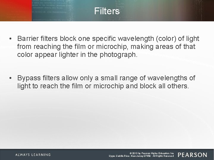 Filters • Barrier filters block one specific wavelength (color) of light from reaching the Filters • Barrier filters block one specific wavelength (color) of light from reaching the