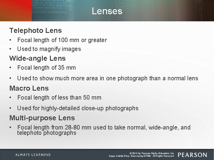 Lenses Telephoto Lens • Focal length of 100 mm or greater • Used to Lenses Telephoto Lens • Focal length of 100 mm or greater • Used to