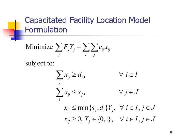 Capacitated Facility Location Model Formulation 8 