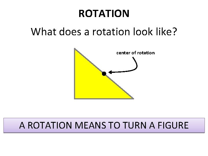 ROTATION What does a rotation look like? center of rotation A ROTATION MEANS TO