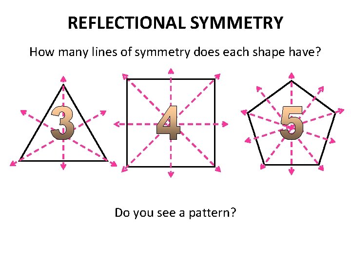 REFLECTIONAL SYMMETRY How many lines of symmetry does each shape have? Do you see REFLECTIONAL SYMMETRY How many lines of symmetry does each shape have? Do you see
