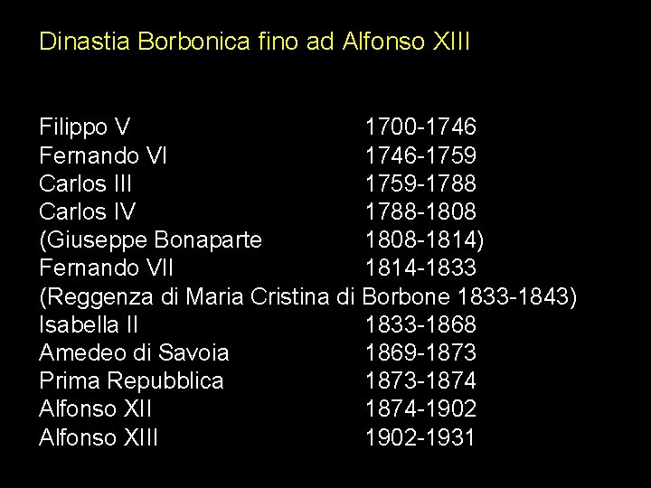 Dinastia Borbonica fino ad Alfonso XIII Filippo V 1700 -1746 Fernando VI 1746 -1759