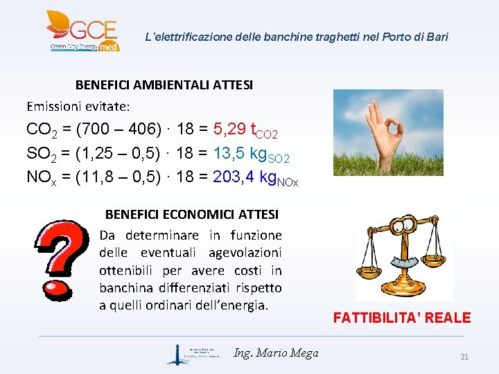 L’elettrificazione delle banchine traghetti nel Porto di Bari BENEFICI AMBIENTALI ATTESI Emissioni evitate: CO