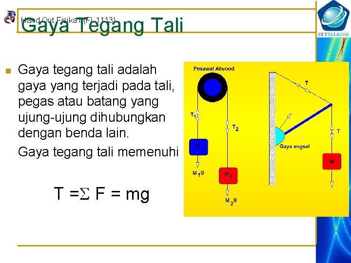 Gaya Tegang Tali Hand Out Fisika I (FI-1113) n Gaya tegang tali adalah gaya